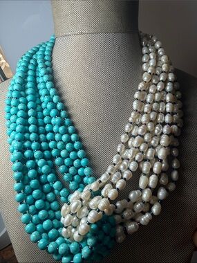 Multi-Strand Turquoise Colored Beads and Genuine Pearls Statement Necklace